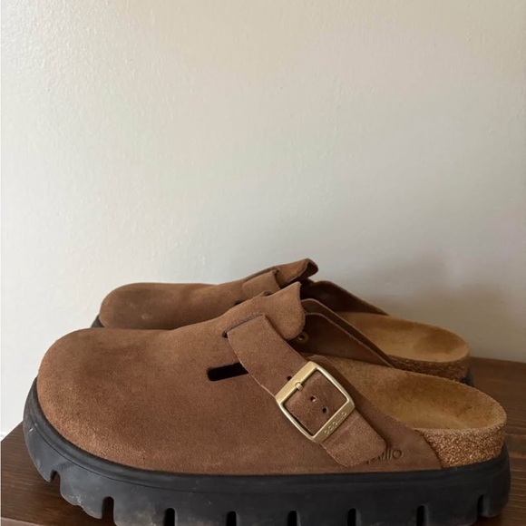 Papillio Shoes - Papillio Brown Suede Clog Mules with Gold Buckle